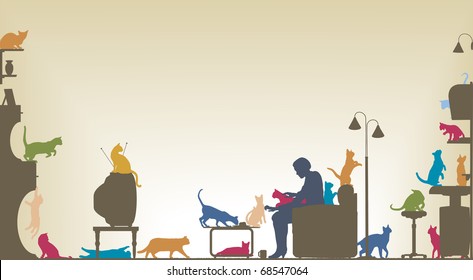 Colorful foreground silhouette of a woman in a living room with twenty cats with copy space