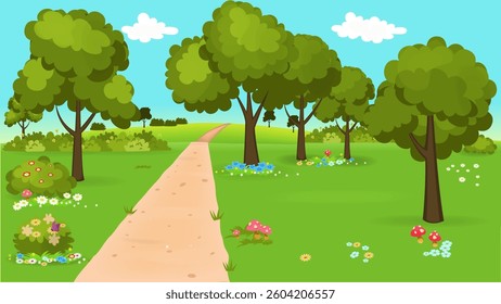 Colorful forest background, big green trees, bright flowers in the clearing. Vector illustration