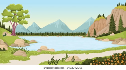 Colorful forest with blue lake. Park with grass and trees. Nature landscape.
