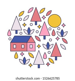Colorful forest composition in vector. Circular design elements for postcards, textile, souvenirs.