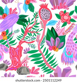 colorful forest, jungle, leaves, flowers, florals, tropical, pitaya, Peacock, purple colored, pink tree, branch mixed nature seamless pattern. Colorful forest with  cute feathery peacock cute pattern.