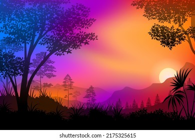 Colorful forest landscape with mountain and forest during sunset or sunrise