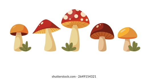 Colorful Forest Mushrooms Collection in Flat Style