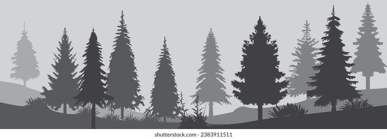 Bosque colorido, parque, callejón. Paisaje de pinos aislados. Vector de silueta.