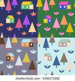 Colorful forest pattern set. Seamless vector background.