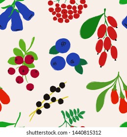 Colorful forest print. Seamless pattern with barberry, blueberry, goji, rowan, acai, cowberry, and honeysuckle berries. Berry collection.