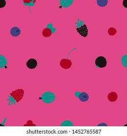Colorful forest print. Seamless pattern with blueberry, raspberry, cherry, cranberry, stone berry, currant and gooseberry;. Berry collection.
