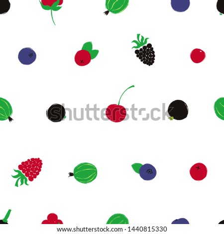 Colorful forest print. Seamless pattern with blueberry, raspberry, cherry, cranberry, stone berry, currant and gooseberry;. Berry collection.