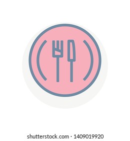 Colorful fork, knife and plate vector icon isolated on white background. Restaurant symbol modern, simple, vector, icon for website design, mobile app, ui. Vector Illustration