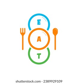 colorful fork, spoon, plate and word eat concept