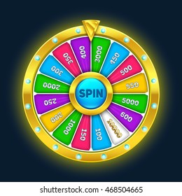 Colorful fortune wheel design. 3d Realistic wheel of fortune illustration shining on black background. Eps10 vector fortune wheel illustration.