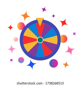 Icono colorido de la rueda de la fortuna, rueda de elección aleatoria con globos y estrellas en caída y brillo, símbolo ganador y afortunado, ilustración vectorial aislada sobre fondo blanco.