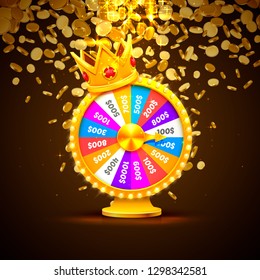 Colorful fortune wheel wins the jackpot. Piles of gold coins. Vector illustration
