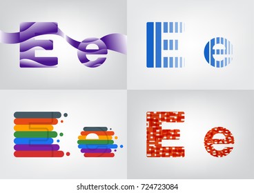 Colorful four difference alphabet E decorations, Decorative English alphabet, Decorative capital and small letter illustration, Lowercase and uppercase letter for card or poster,Vector illustration