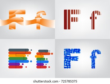 Colorful four difference alphabet F decorations, Decorative English alphabet, Decorative capital and small letter illustration, Lowercase and uppercase letter for card or poster,Vector illustration