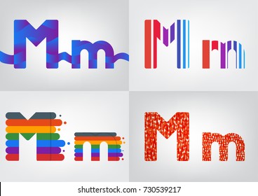 Colorful four difference alphabet M decorations, Decorative capital and small letter illustration, Lowercase and uppercase letter for card or poster,Vector illustration