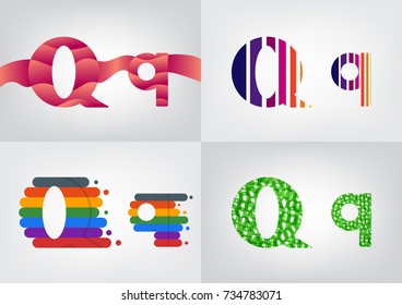Colorful four difference alphabet Q decorations, Decorative capital and small letter illustration, Lowercase and uppercase letter for card or poster,Vector illustration