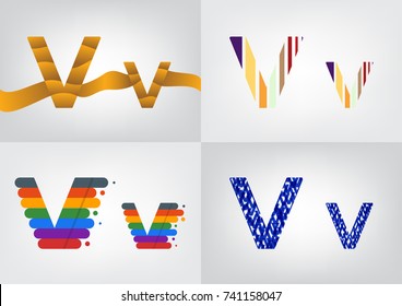 Colorful four difference alphabet V decorations, Decorative capital and small letter illustration, Lowercase and uppercase letter for card or poster,Vector illustration