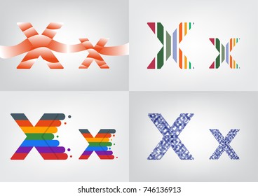 Colorful four difference alphabet X decorations, Decorative capital and small letter illustration, Lowercase and uppercase letter for card or poster,Vector illustration