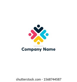 Colorful four kids in teamwork logo design template