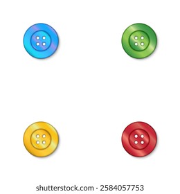 Colorful four mother-of-pearl sewing buttons in blue, green, yellow, and red isolated on a white background realistic 3d vector, fashion poster design, crafting, creative sewing project.