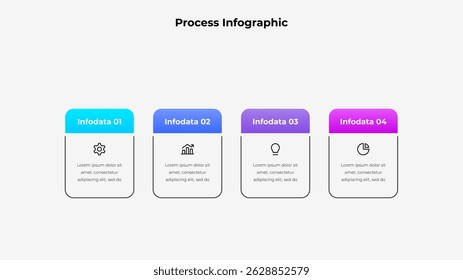 Colorful Four Step Process Infographic with Icons and Gradient Colors. Perfect for visual presentations, educational material, and enhancing understanding of processes