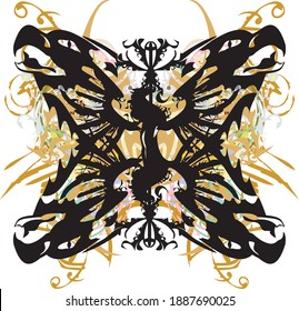 Colorful four-headed eagle with dragon element. Four eagle heads with a winged dragon inside and golden floral splashes for prints on T-shirts, wallpaper, textiles, tattoos, etc.