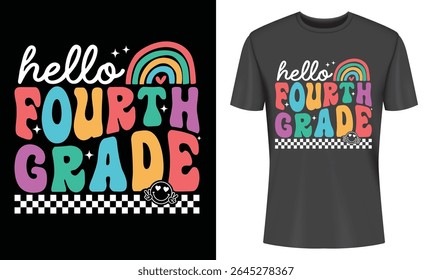 Colorful fourth grade design featuring a rainbow and cheerful text perfect for back to school apparel. Kids clothing design.