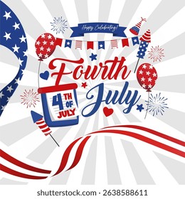 Colorful Fourth of July Typography with Festive Elements : USA Flag, Baloons, Rocket, Sparkler, Bunting Decoration. Best for USA Independence Day 2025 Celebration Banner, Poster, Flyer, Greeting