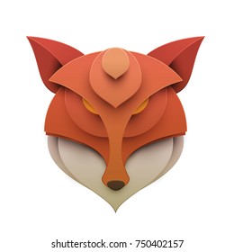 Colorful fox head in trendy paper cut craft graphic style. Modern design for advertising, branding greeting card, cover, poster, banner. Vector illustration.