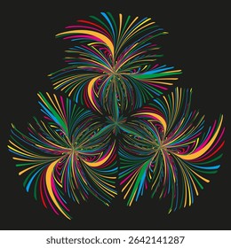 Colorful fractal explosions. Dynamic starburst pattern. Abstract Vector energy. Dark background illustration.