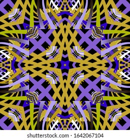 Colorful fractals striped vector seamless pattern. Futuristic ornamental background. Repeat geometric backdrop. Radial shapes, stripes, lines. Abstract flowers ornament. Endless modern ornate texture.