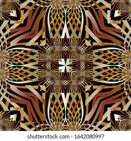Colorful fractals striped vector seamless pattern. Futuristic ornamental background. Repeat geometric backdrop. Radial shapes, stripes, lines. Abstract flowers ornament. Endless modern ornate texture.