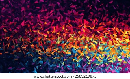 Colorful fractured geometric dynamic pattern mosaic filled with vibrant triangular shapes and polygons. Colorful futuristic digital artwork with sharp angular fragments or shards. Vector background