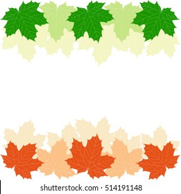 Colorful frame, background of green and red fallen autumn leaves, maple leaves background, labels, flyers and poster.