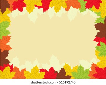 Colorful frame, background of multicolor fallen autumn leaves, maple leaves background, labels, flyers and poster.