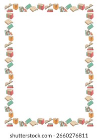 Quadro colorido, fundo, padrão de ícones livros, pilha de livros em estilo plano em fundo transparente. Garatujas de desenho à mão. Ilustração vetorial. Espaço para texto