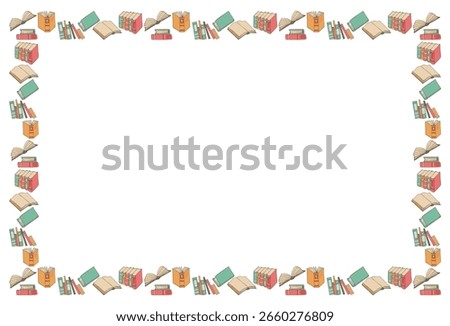 Colorful frame, background, pattern of icons books, pile of books in flat style on transparent background. Hand drawing doodles. Vector illustration. Space for text