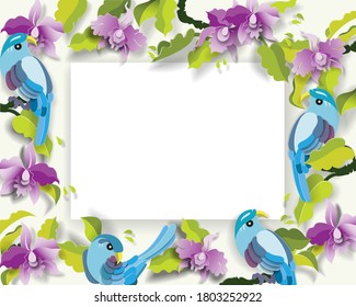 Colorful Frame with Birds and Orchids. Paper art, Vector illustration in white background 