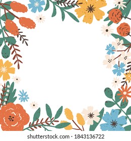 Colorful frame border with different blooming meadow flowers. Natural background with a place for text. Elegant floral square card. Vector illustration in flat cartoon style