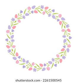 Marco colorido con ramas, flores y huevos de Pascua. Elemento de diseño para tarjeta de saludo, invitación, afiche, medios sociales. Ilustración vectorial aislada 