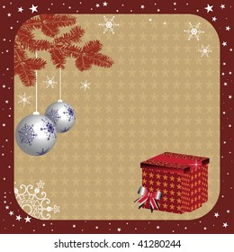 Colorful frame with brown fir branch, two Christmas balls and a beautiful red box in the corner. Christmas gift concept