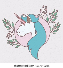 colorful frame with caricature of unicorn face with long mane vector illustration