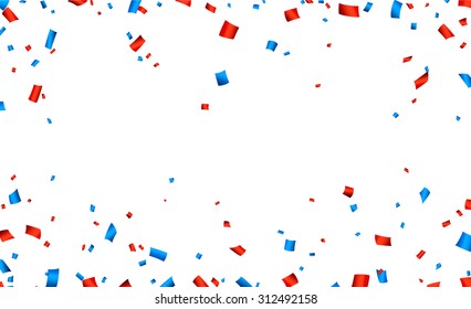 Colorful Frame Celebration Banner With Red And Blue Confetti. Vector Background.