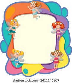 Colorful frame with cheerful fairy characters for kids.
