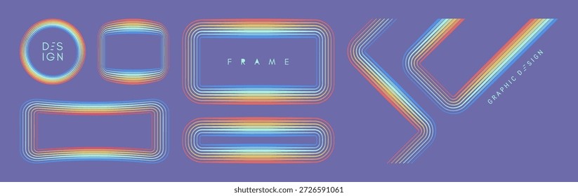 The colorful frame consists of multiple colored lines. Set of abstract round and rectangular shapes. Glow effect. Neon strips. Vector for brochure, poster, cover, card, flyer, banner or presentation.