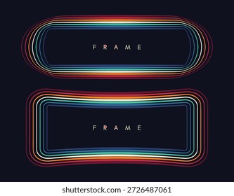 The colorful frame consists of multiple multicolored lines. Glow effect. Neon and LED strips. Vector illustration for brochure, poster, cover, card, flyer, banner, advertising or presentation.