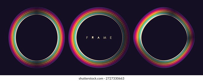 El marco colorido consta de múltiples líneas multicolores. Colección de Formas redondas abstractas. Efecto de resplandor. Vector para folleto, cartel, cubierta, tarjeta, volante, Anuncio, publicidad o presentación. 