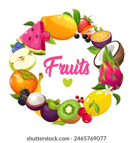 Colorful frame with different tropical fruits, berries and lettering isolated on white background.