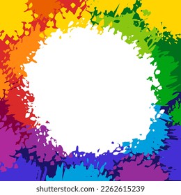 Colorful frame with empty place for text.  Abstract background with painted rainbow splashes. Bright color spray paints explosion. Vector creative design template for Holi festival poster banner.